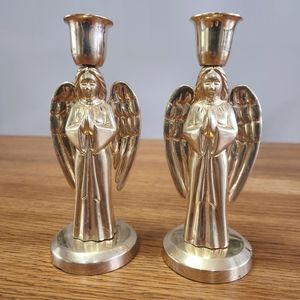 Vintage MCM Solid Brass Pair of Praying Angel Candlestick Holders